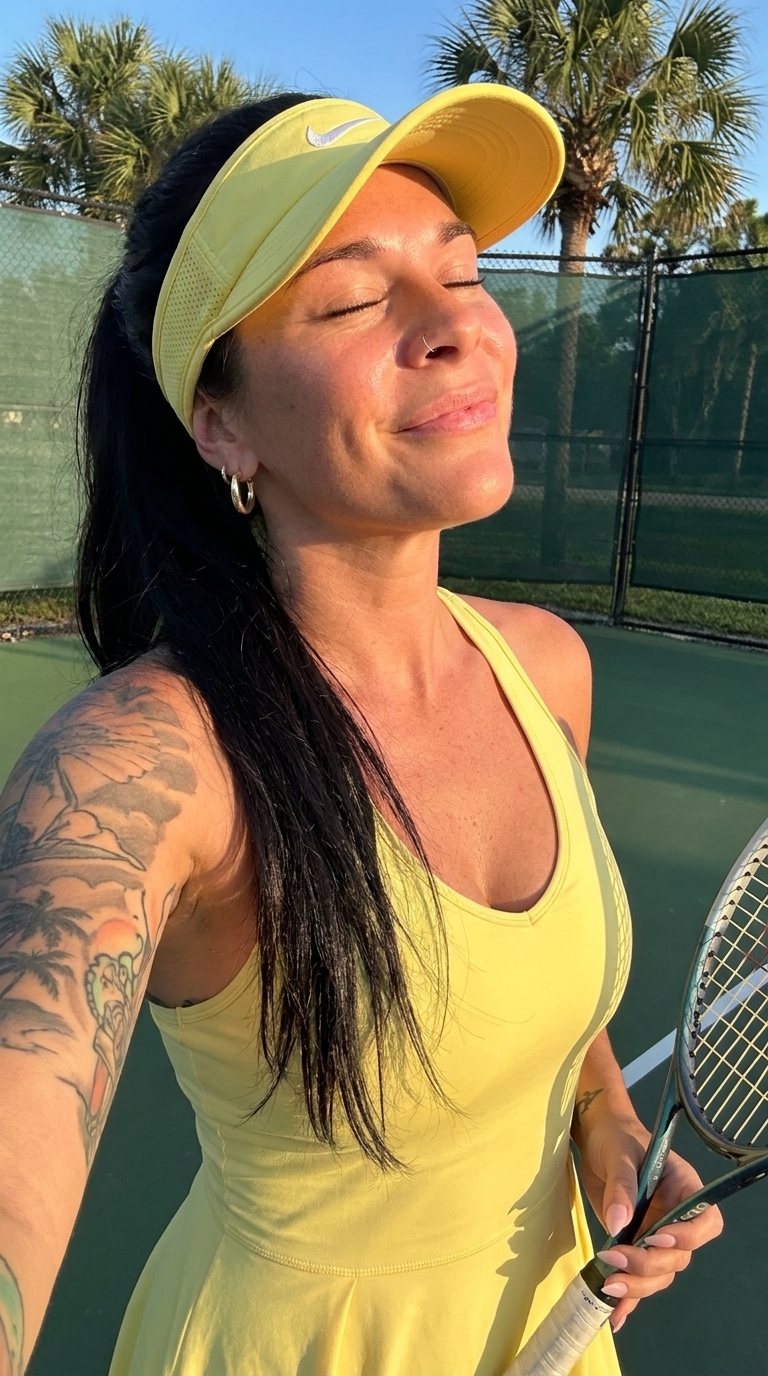 Amélie sur un court de tennis